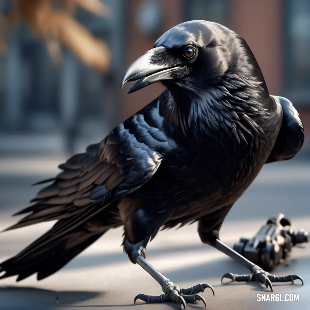 Black bird with a long beak standing on the ground next to a dead bird on the ground with a building in the background