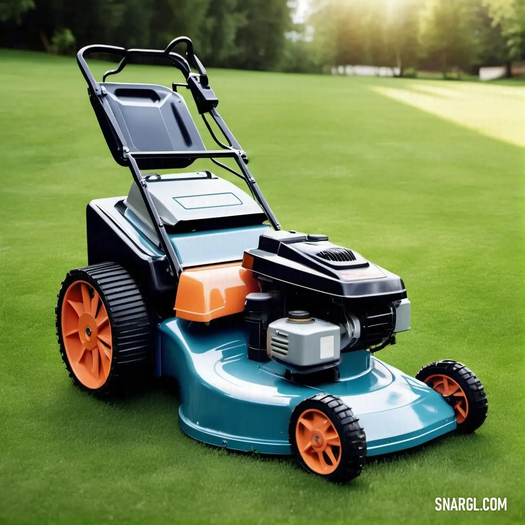 Smoky black color example: Lawn mower on top of a lush green field of grass next to a golf course with trees