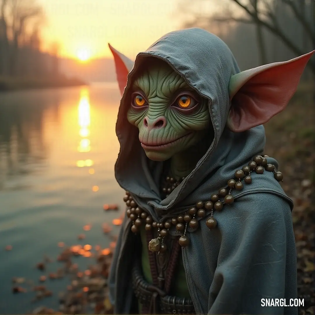 A mysterious figure, Snagla, stands by a calm body of water, enveloped in a unique costume with a hood. The soft glow of the sunset casts dramatic shadows, adding to the sense of intrigue surrounding this character.