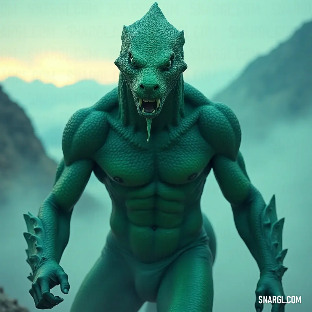 With an infectious grin and a connection to the vibrant landscape, the Green Snakeskin embodies the joy of nature, enhanced by the grandeur of the mountains surrounding it. The lively Green Snakeskin, with a charming grin and expressive hands, stands against a majestic mountain backdrop, showcasing nature's splendor while exuding a playful yet confident spirit.