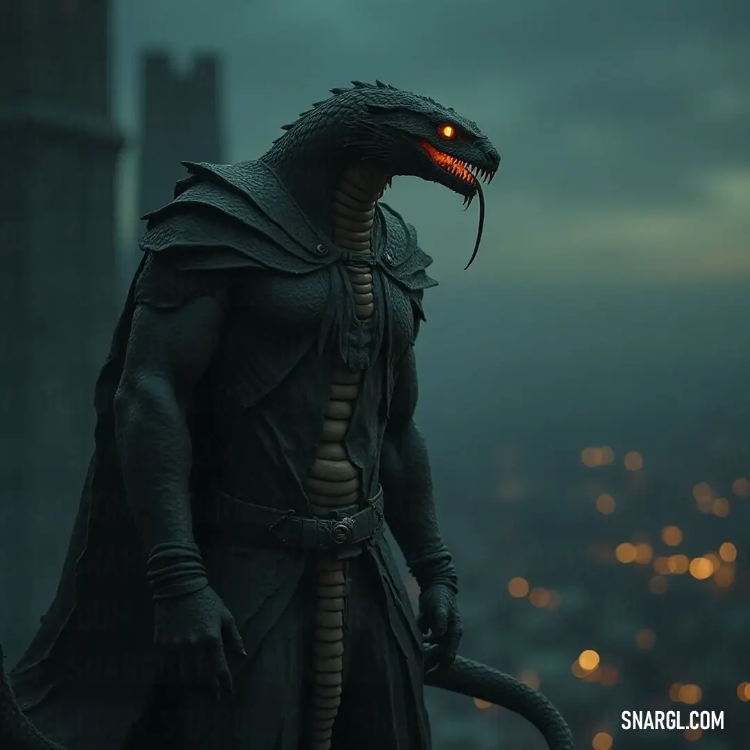 The mysterious Snakeskin, poised elegantly atop a hill, gazes down upon the illuminated city, melding shadows and light to create an atmosphere of intrigue and allure. A formidable Snakeskin, draped in a dark costume with a striking snake head, stands confidently atop a hill, gazing over the city below, where the glow of lights contrast against the night sky.