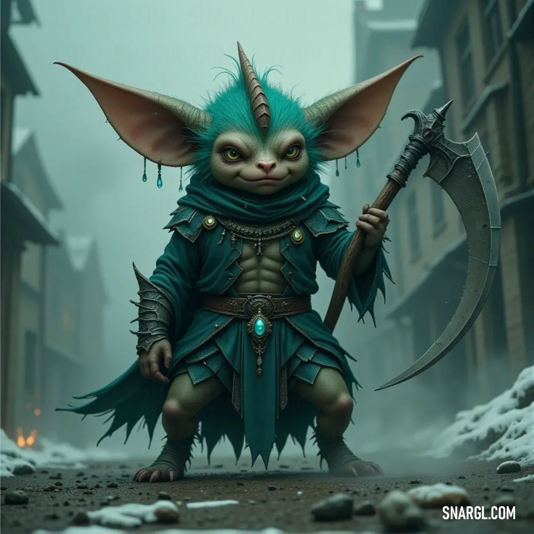 A figure in a green outfit, hammer in hand, stands on a snow-covered street corner, surrounded by towering buildings in a cityscape. A determined figure wearing a green outfit, holding a hammer, stands in the middle of a snow-covered street, with towering buildings in the background, in a scene full of tension and mystery.