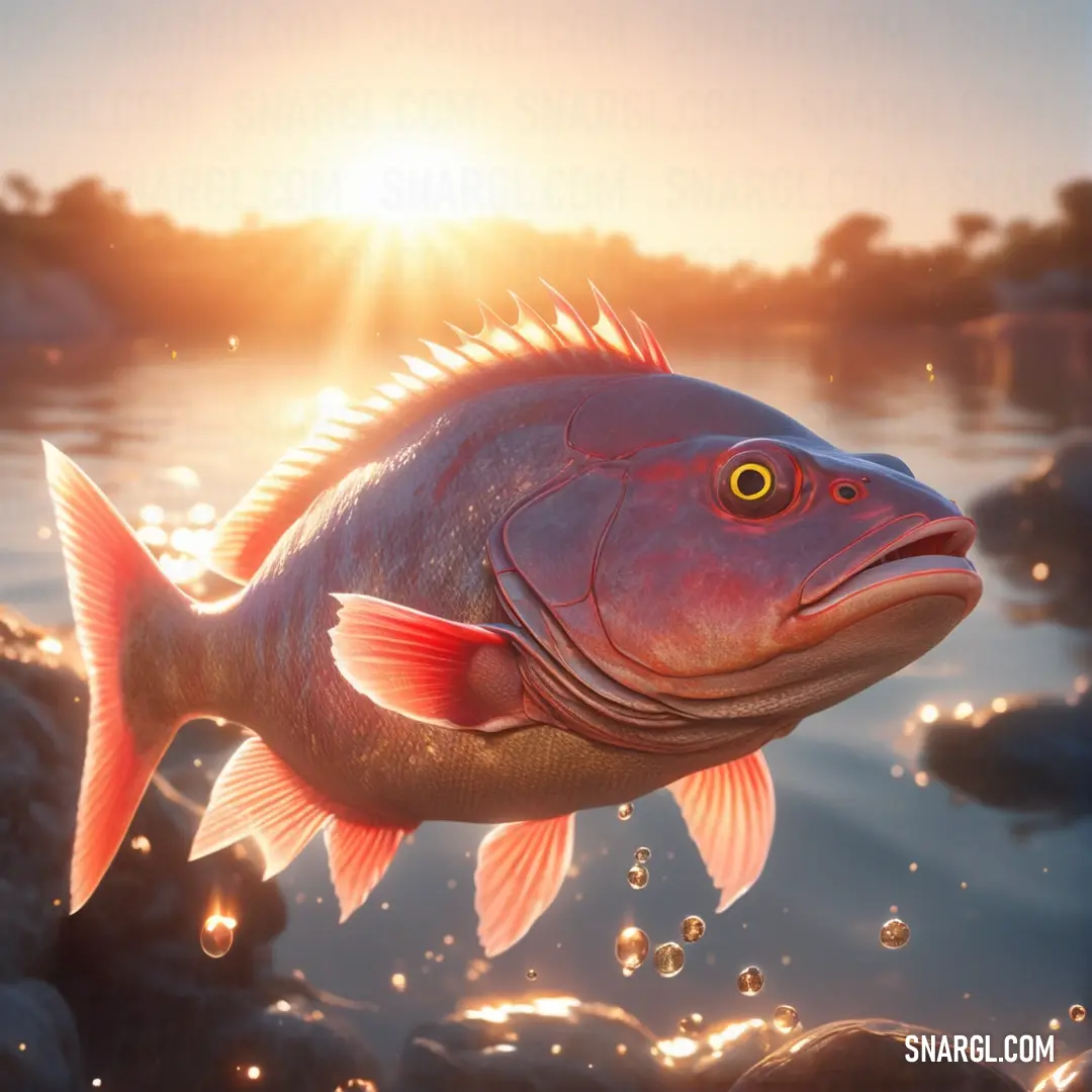 Fish is swimming in the water near rocks and trees at sunset or dawn