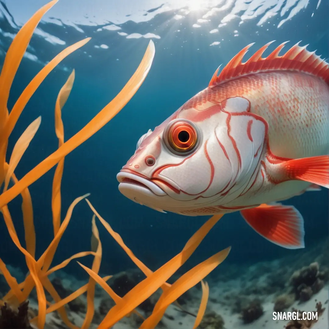 Fish that is swimming in the water near some seaweed and corals