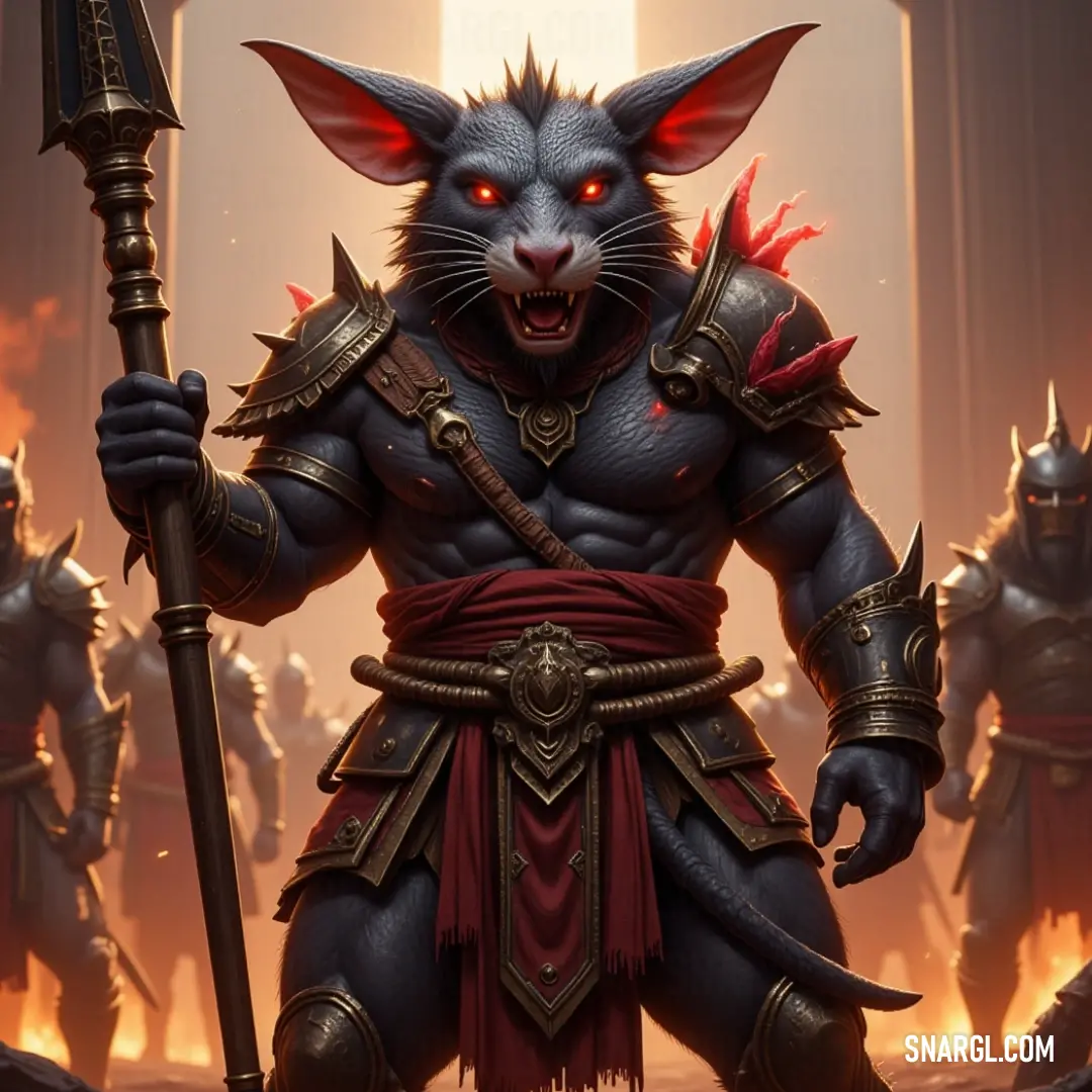 Snarl, in armor with sword drawn, leads a group of fierce animals through the vast desert, his strength and leadership undeniable. Snarl, armored and with a sword in hand, stands tall in a desert landscape, surrounded by a group of fierce animals. The dry, harsh environment adds to his strength, as he leads with courage and authority.
