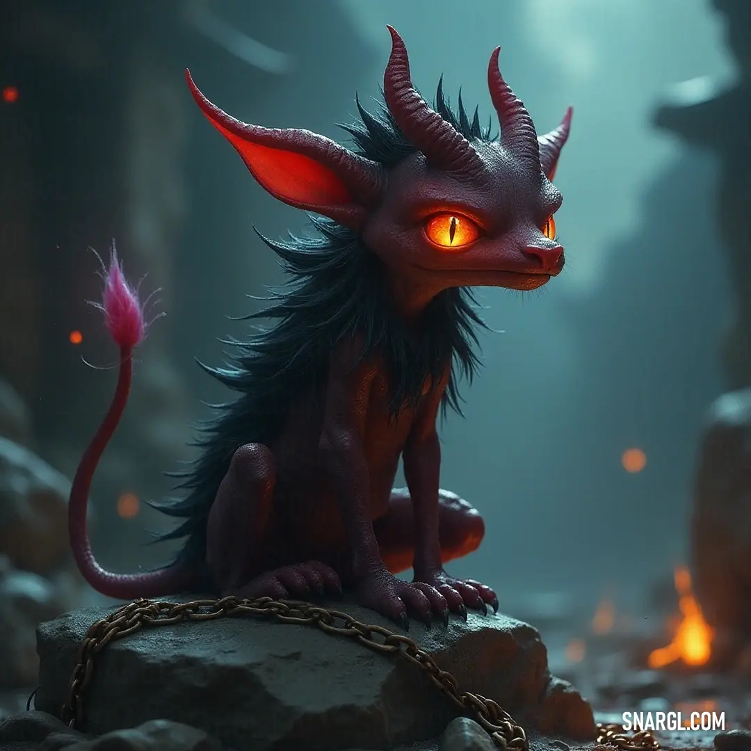 A captivating red Sneaky resting on a rugged rock with a cryptic chain and glowing eyes that seem to hold secrets untold. A mysterious red creature, known as the Sneaky, lounges on a weathered rock with a heavy chain clasped around its neck, exuding an aura of intrigue with its eerie glowing eyes piercing through the shadows.