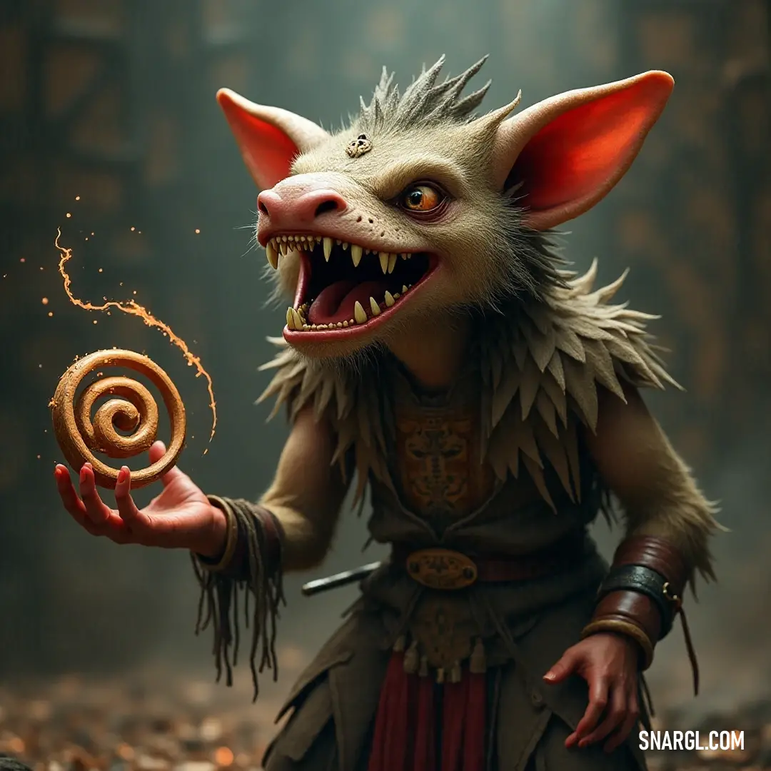 With a demonic countenance, Snipe grasps a swirling spiral. Its haunting features contrast against the vibrant surroundings, hinting at untold mysteries swirling within the forest's depths.