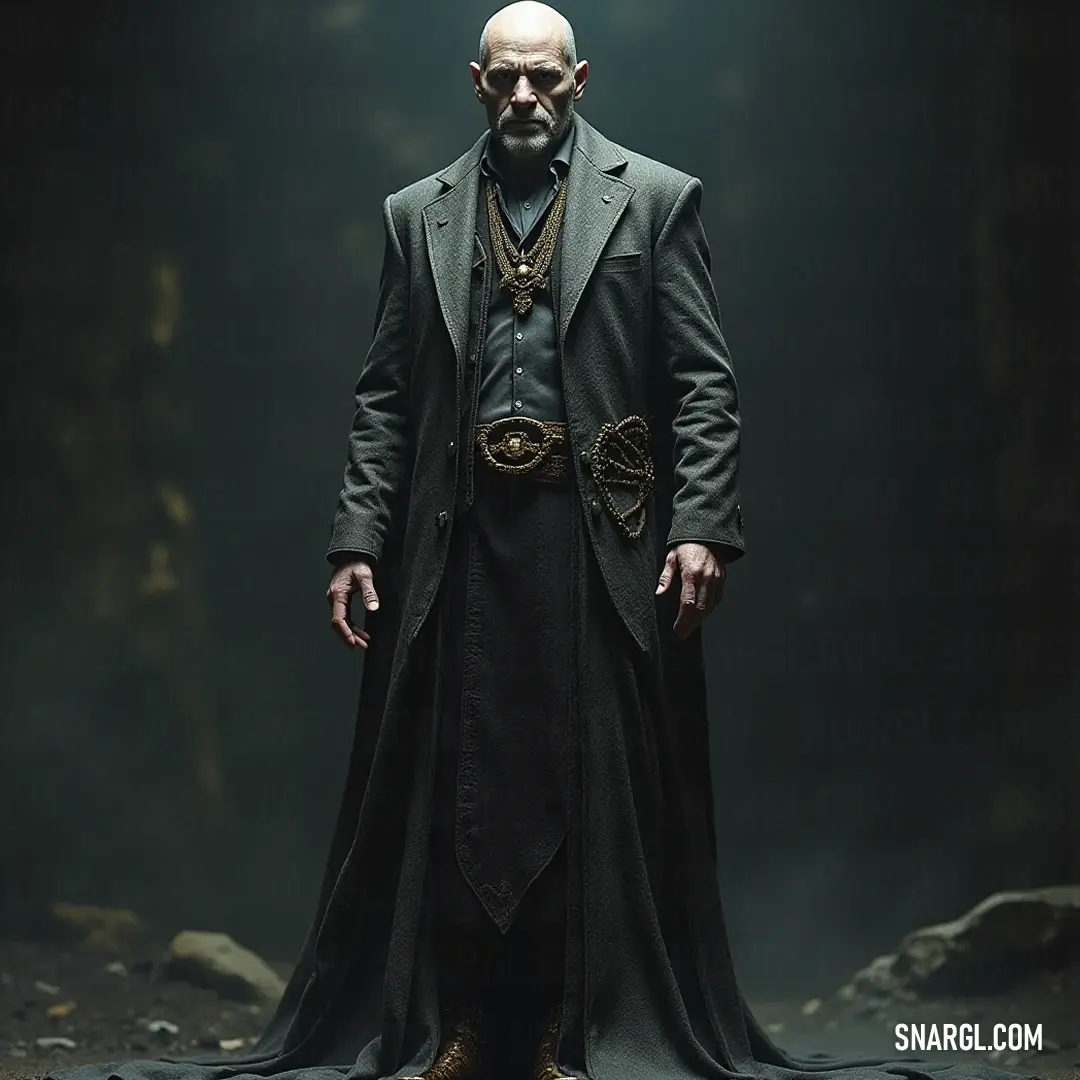 Snoke stands resilient in a dark forest, his hands firmly on his hips, in a long coat and dramatic cape that flutters slightly in the breeze. The eerie ambiance of the forest adds depth to his commanding stance, hinting at secrets hidden within the shadow
