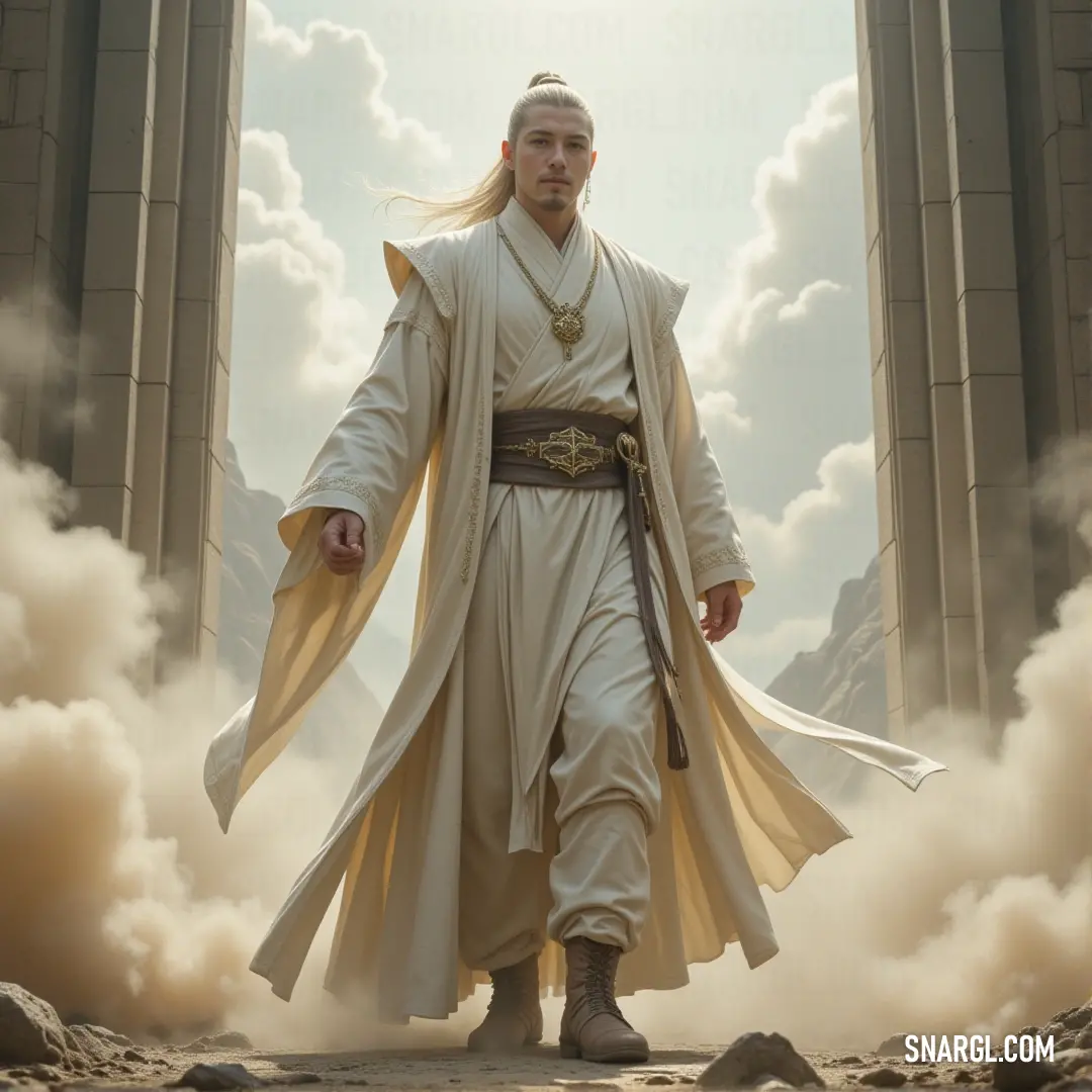 A solitary figure in a crisp white outfit strides through a vast desert, the windswept sands stretching endlessly ahead, as dramatic clouds swirl in the sky above, creating an atmosphere of solitude and anticipation.