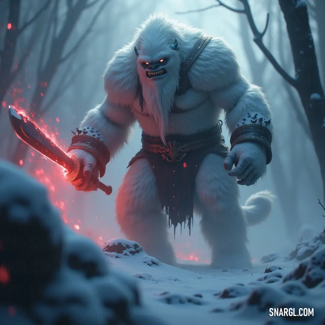 A massive Snow Demon wielding a sword in a dark, snowy forest, his red-lit face adding to his fearsome presence. The towering Snow Demon holds a gleaming sword, his fiery red eyes piercing the wintry forest. The surrounding snowy trees reflect his dangerous presence, with an eerie red glow casting shadows on the frozen landscape.