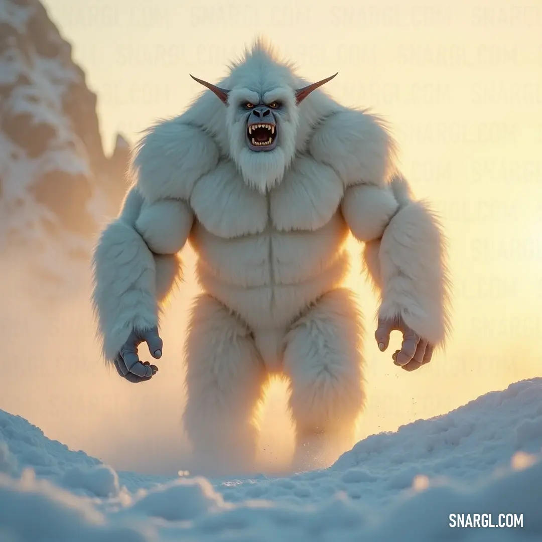A colossal Snow Demon with a massive head and strong arms poses amidst a snowy setting, with majestic mountains rising behind, encapsulating the essence of a harsh winter's night. A towering Snow Demon with an enormous head and muscular arms stands in a winter landscape, surrounded by untouched snow and majestic mountains looming in the background, embodying the chill of the wild winter wilderness.