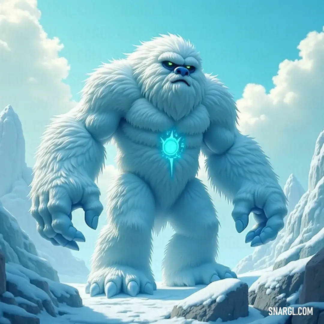 Colossal furry Snow Golem in a mystical snowy landscape, glowing eyeball visible, evoking wonder. In an otherworldly snowy realm, a gigantic Snow Golem towers with its thick fur coat, displaying a glowing eyeball within its icy mouth, a fantastical blend of awe and wonder against the enchanting winter landscape.