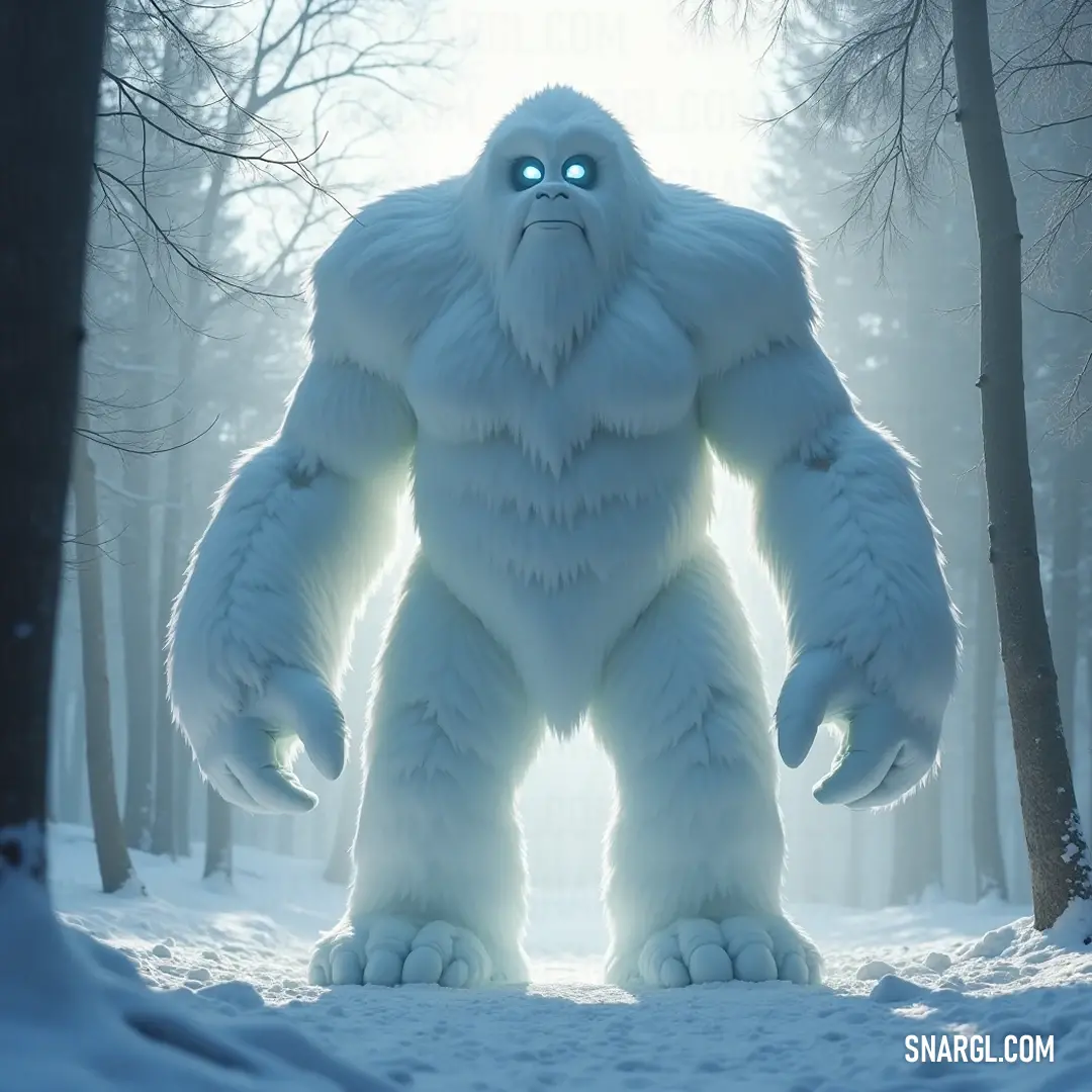 A majestic white Snow Golem stands resolute in a snow-kissed forest, its piercing blue eye surveying the serene landscape. Surrounded by towering trees draped in snow, this guardian of winter epitomizes strength and elegance in the wintry realm.