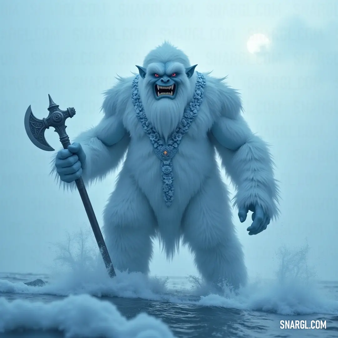A giant Snow Golem, wielding a hammer and a chain, stands ready to protect its icy realm. A massive, snow-like golem, towering over the landscape, holds a hammer in one hand and wears a chain around its neck. Its icy features and powerful stance make it appear ready to defend its frozen domain.