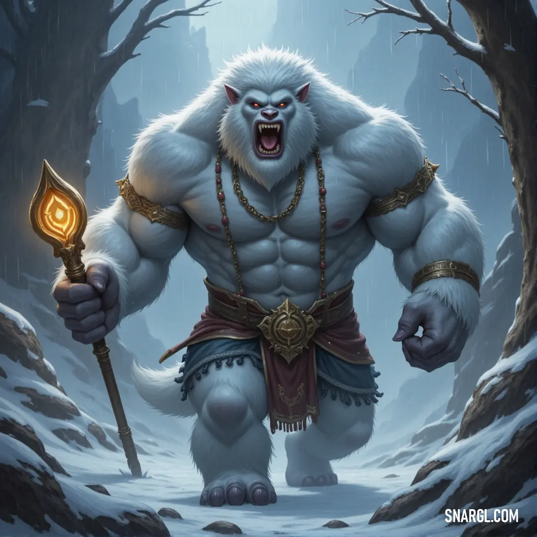 A Snow Guardian, adorned with white fur and wielding a golden sword, watches over a snowy forest. A fierce Snow Guardian, cloaked in white fur and holding a golden sword, stands in the heart of a snowy forest, where trees and rocks create a serene yet rugged backdrop to its watchful presence.