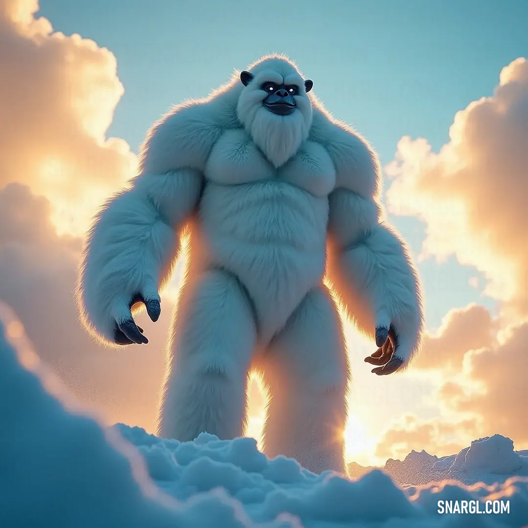 The furry Snow King stands alert in a pristine blanket of snow, vibrant clouds rolling in the distance behind him, as if nature itself bows to his presence, radiating a commanding yet playful aura amidst the chill of winter.