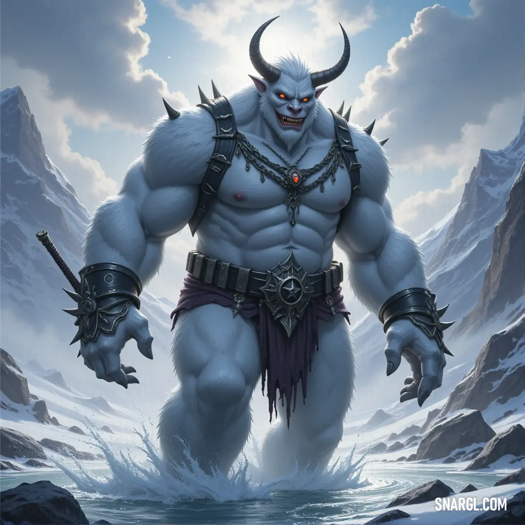 Male Snow Revenant with horns and sword, a chilling force in a frozen wasteland. A male Snow Revenant, his dark features framed by sharp horns, gripping a long sword with intent as snow swirls around him, his frozen gaze reflecting ancient power.