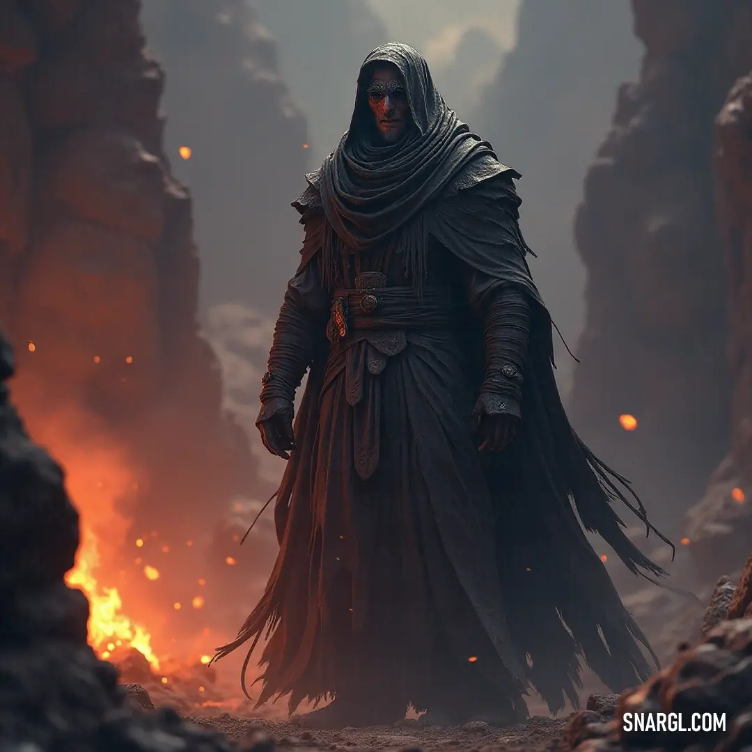 A mysterious figure clad in a dark hooded outfit stands amidst jagged rocks, surrounded by a swirling inferno that illuminates the landscape with fierce orange and red hues, hinting at an epic battle looming in the distance.