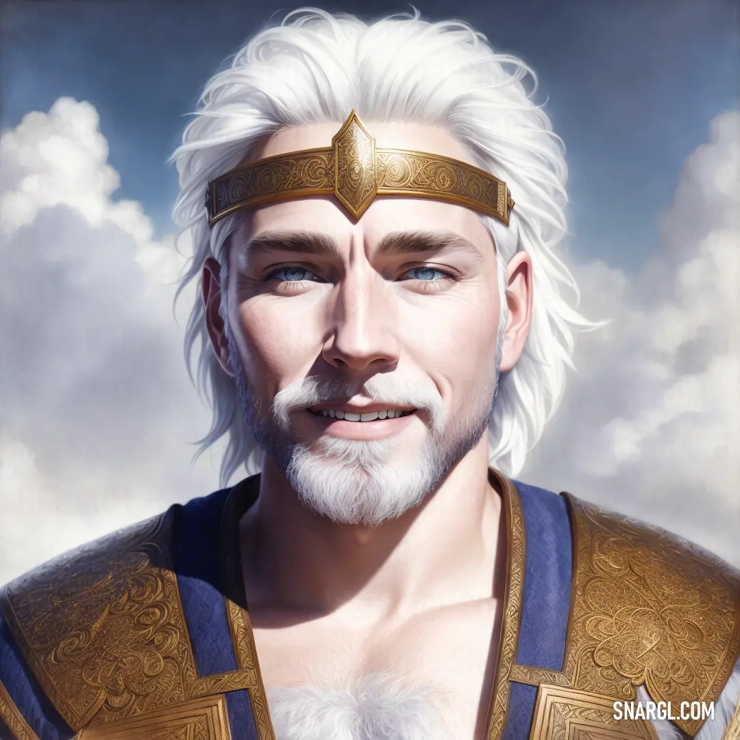 Man with white hair and a beard wearing a gold and blue outfit