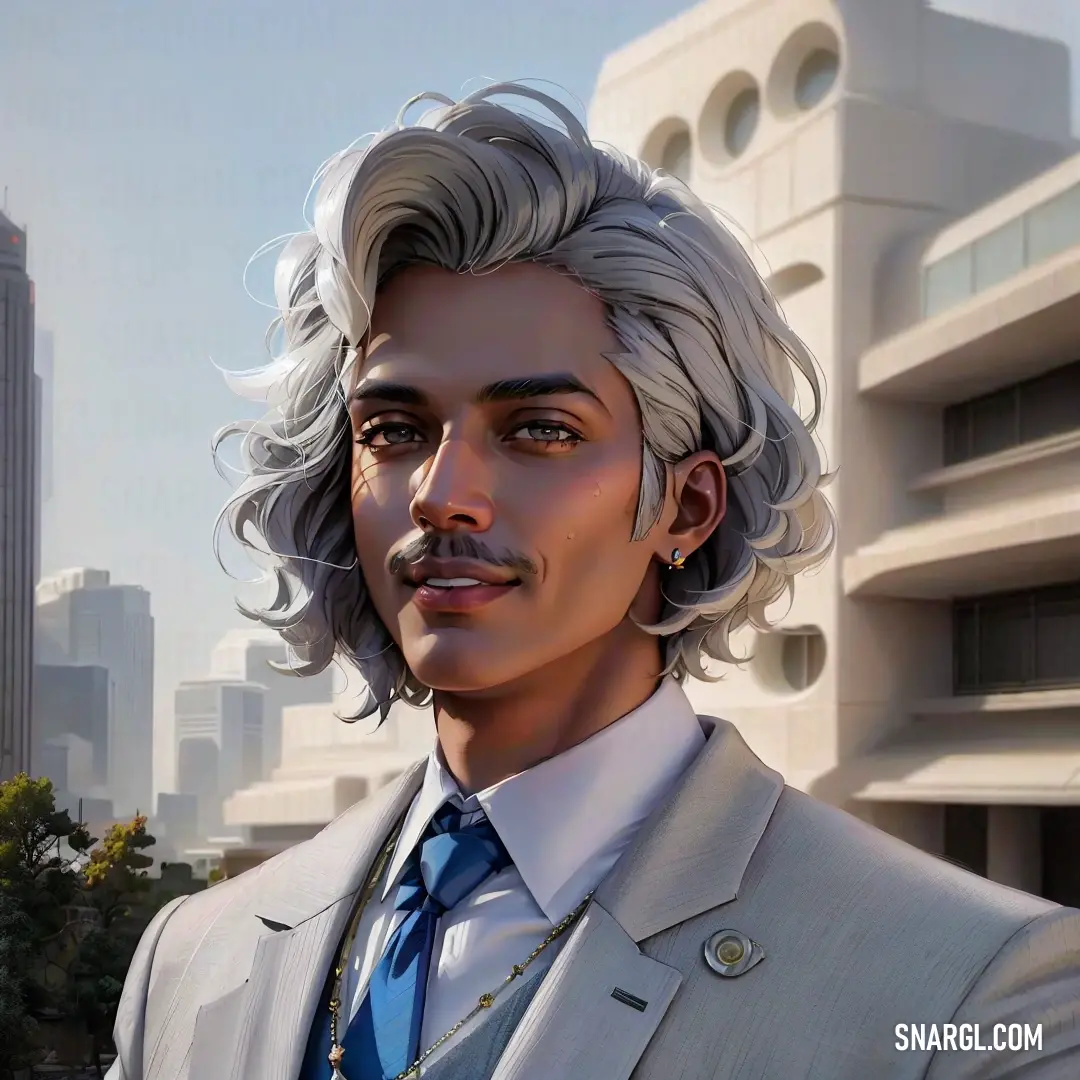 Man with a mustache and a suit in front of a cityscape with buildings and skyscrapers. Color RGB 255,250,250.