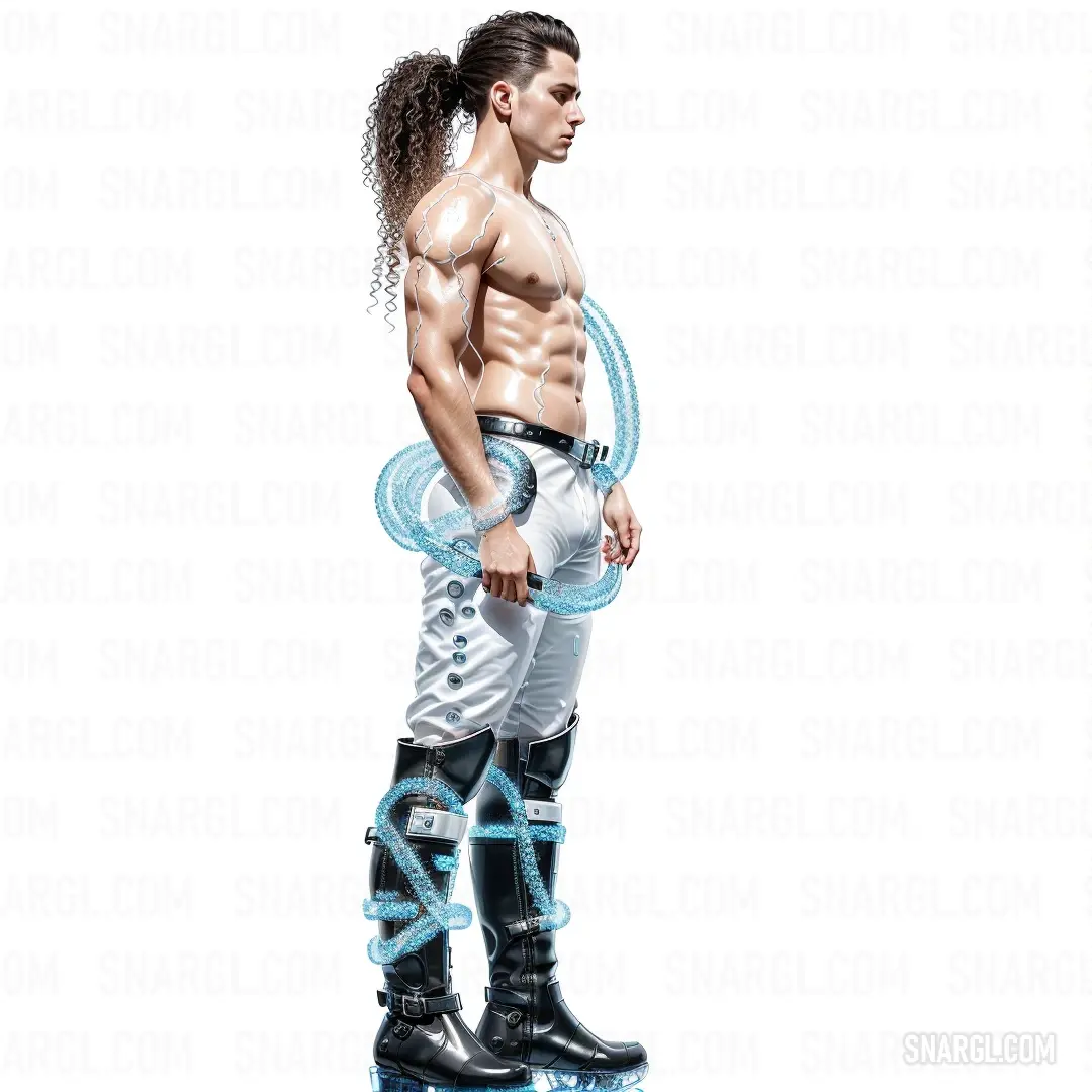 Man with a ponytail standing on a skateboard with a pair of boots on his feet. Example of RGB 255,250,250 color.