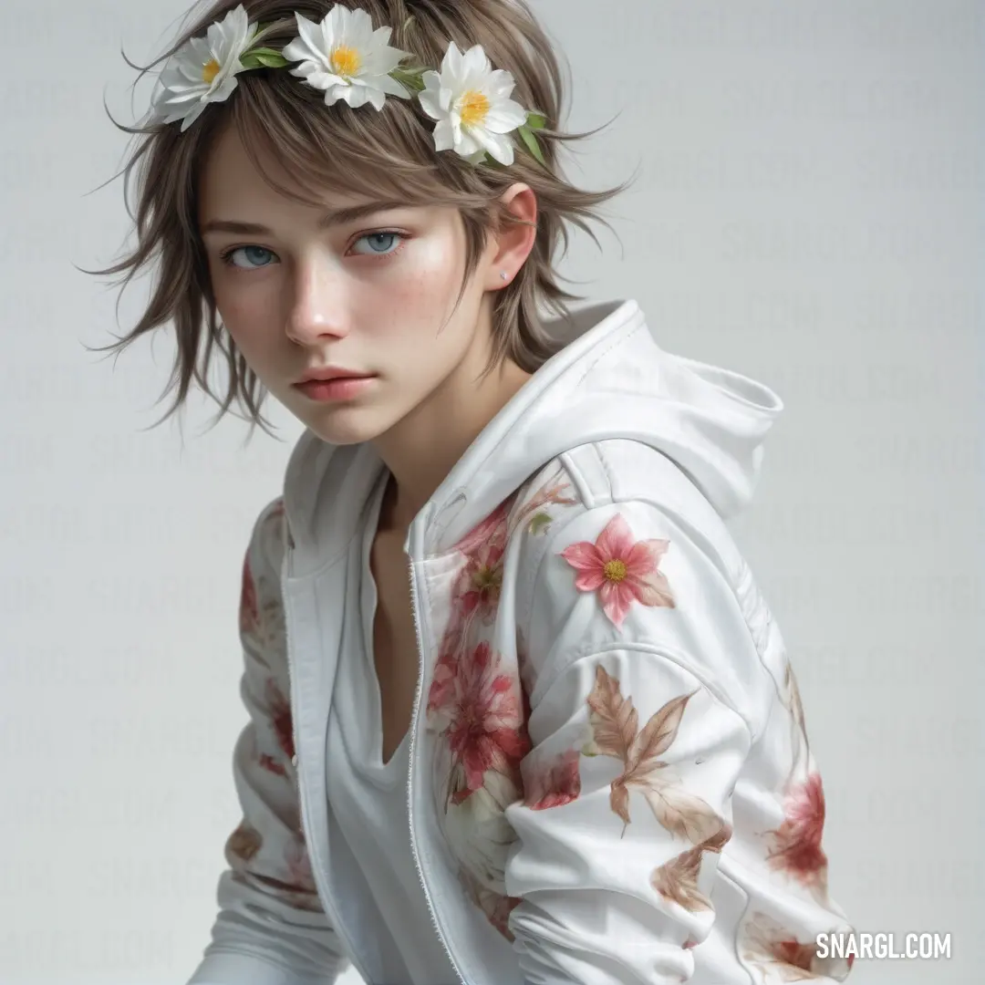 Woman with a flower in her hair down with a white shirt on. Color #FFFAFA.