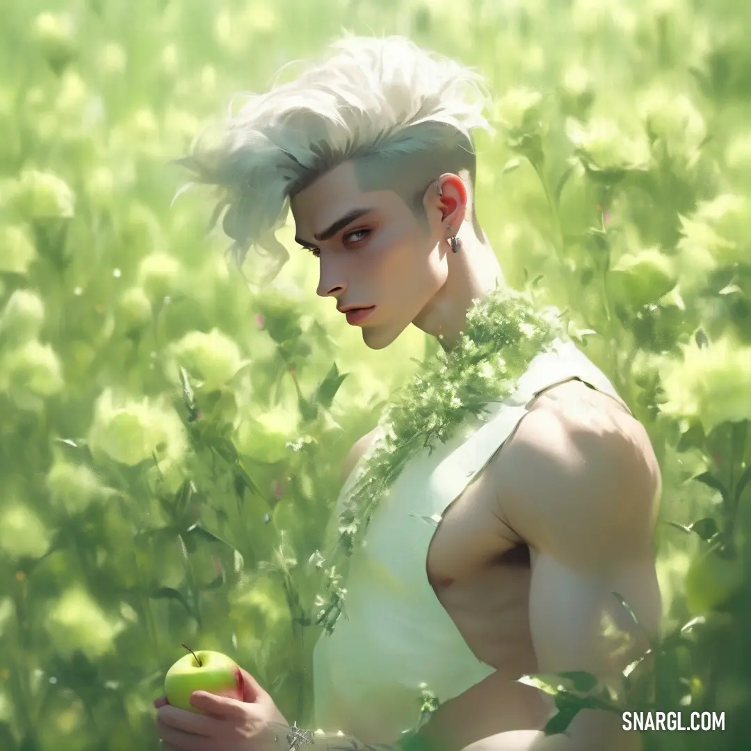 Woman with white hair and a necklace holding an apple in a field of green plants and grass. Example of Snow color.