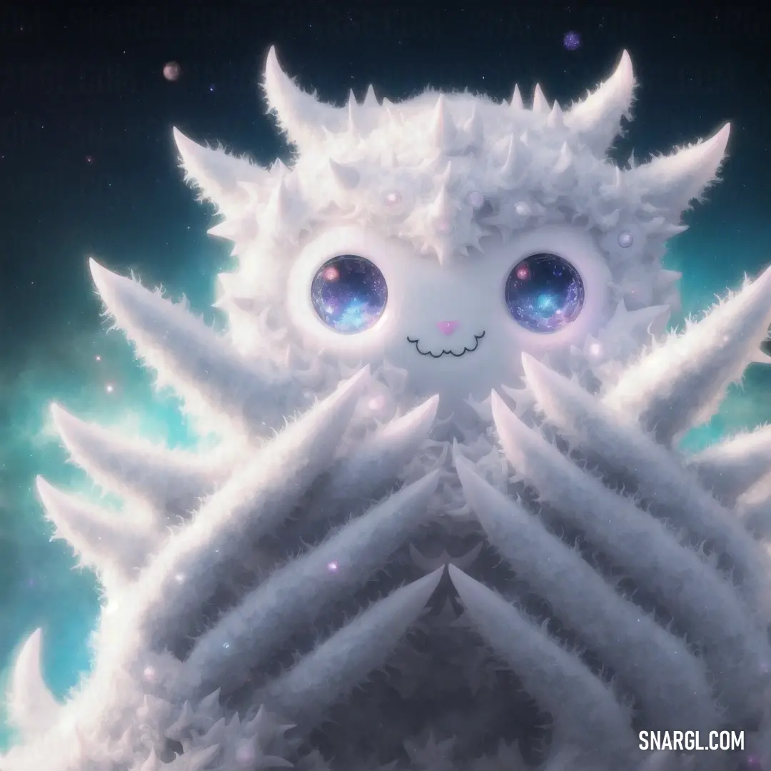 White cat with big eyes and white feathers on its back with a blue background and stars in the sky