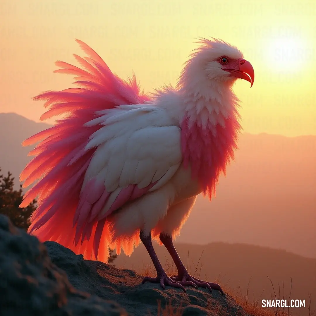 A stunning white and pink Snowbright with a vivid red beak stands majestically on a hillside, silhouetted against a breathtaking sunset that bathes the landscape in warm, golden hues with mountains looming in the distance.