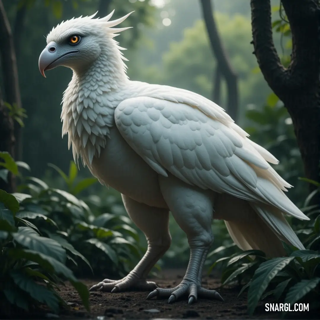 In the heart of the forest, a white Snowbright with a long neck and sharp beak stands poised, blending harmoniously with the natural surroundings of towering trees and thick foliage. A white Snowbright with a long neck and large beak stands among dense trees and lush bushes, its pale feathers contrasting beautifully with the vibrant greens of the forest.