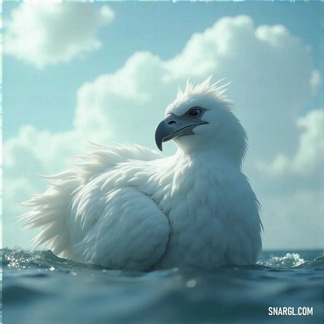 A serene white Snowbright with a long beak floats gently on the water, its form mirrored in the peaceful surface, under a wide open sky. A white Snowbright with a long beak glides gracefully across the calm water, the vast sky stretching endlessly above, reflecting the tranquil beauty of nature.