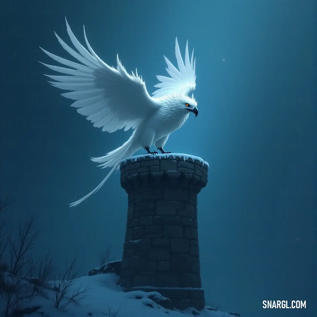 The white Snowfeather spreads its wings on a snowy tower at night, with a full moon casting a gentle light over the winter scene. A white Snowfeather, its wings spread wide, stands on a brick tower covered in snow, under a bright full moon that lights up the night sky, creating a serene and mystical atmosphere.