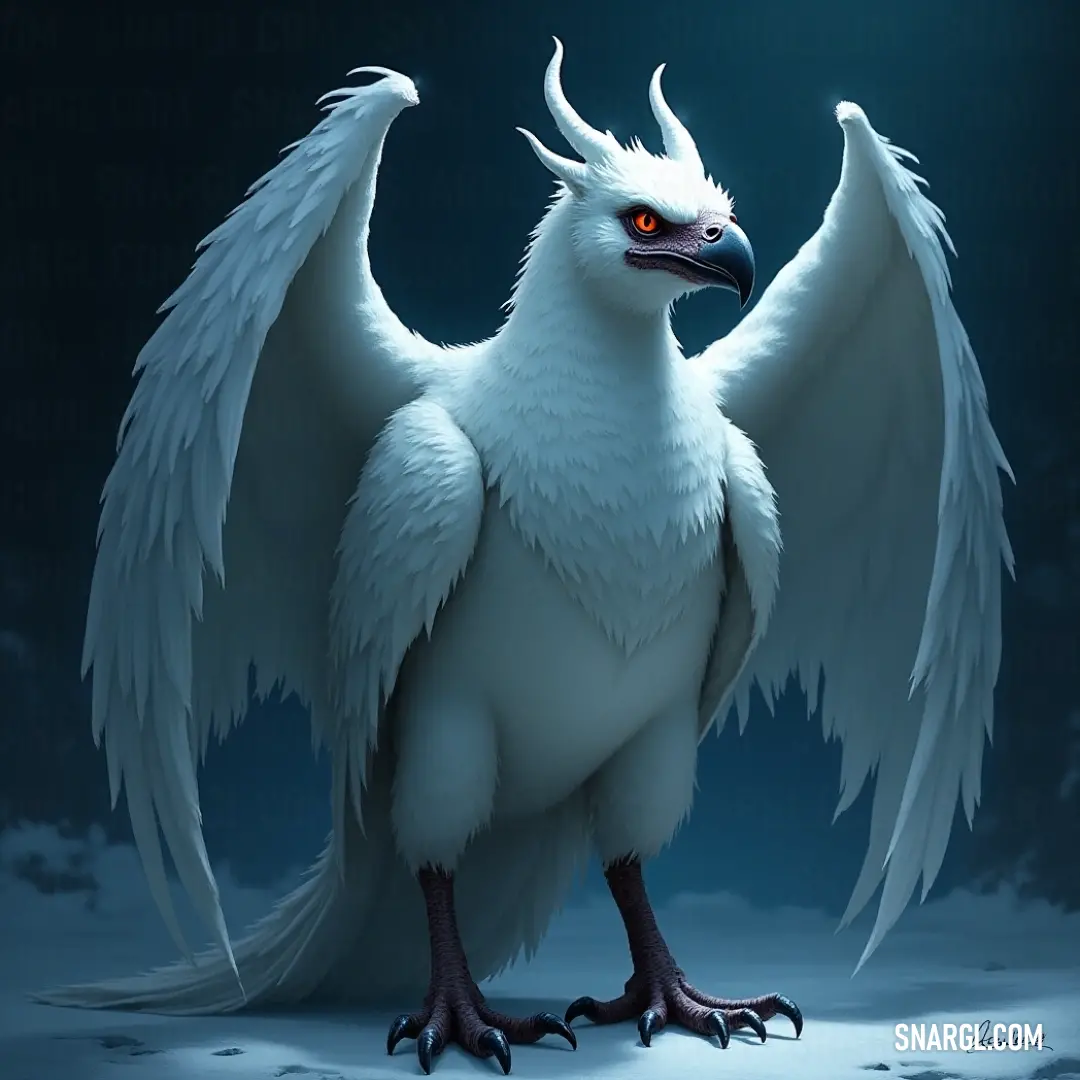 Majestic White Snowfeather with expansive wings in a snowy landscape under a radiant full moon. A majestic White Snowfeather with expansive wings graces the serene snowy landscape under a captivating night sky, illuminated by a luminous full moon that casts a magical glow on its feathery form.