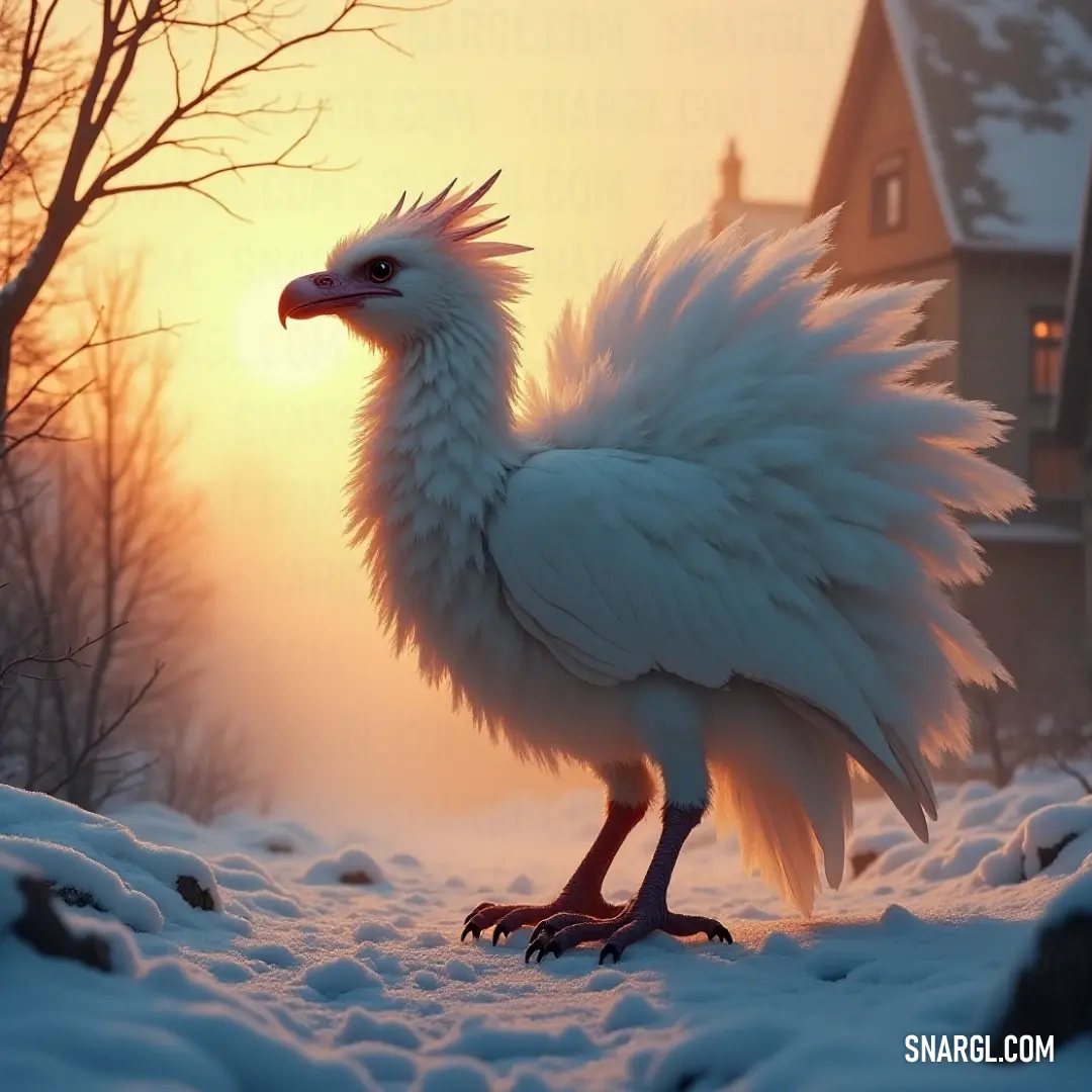 A graceful White Snowfeather in snow, against the backdrop of a picturesque house and a warm, glowing sunset. A breathtaking White Snowfeather with a slender neck and legs, elegantly standing in fresh snow, near a cozy house, with a radiant sunset painting the sky in warm hues behind it.