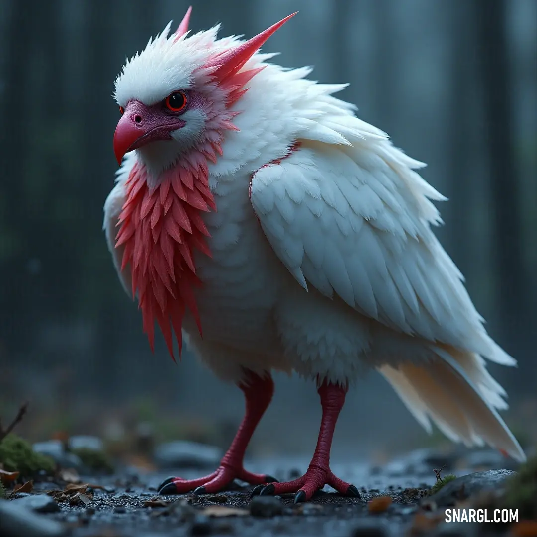 A magnificent White Snowflare adorned with vibrant red and pink feathers perches confidently on a rocky surface, surrounded by a lush forest teeming with life and the vibrant colors of nature.
