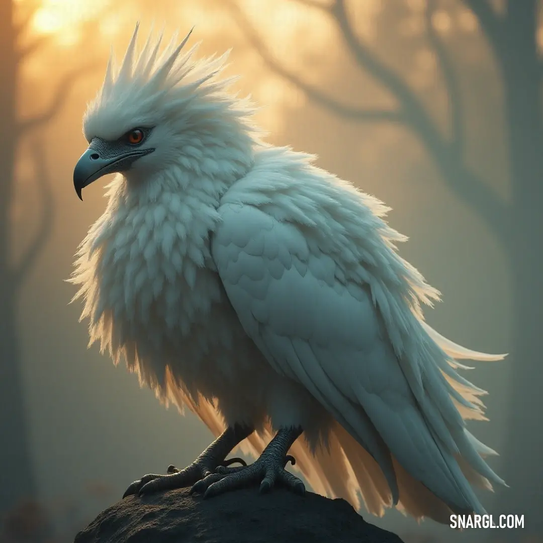 A white Snowflare with a sleek, long beak gazes into the distance from a rocky perch, the glowing sunset casting a golden hue across the tranquil forest backdrop. A white Snowflare with a long beak stands proudly on a rock, bathed in the warm glow of a sunset, surrounded by towering trees. The serene atmosphere contrasts with its graceful, poised form.