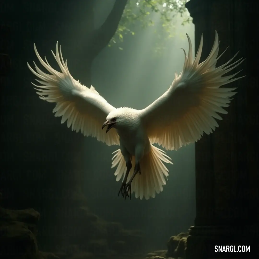 A breathtaking White Snowplume glides effortlessly through a lush forest, its wings outstretched against a backdrop of towering trees and rocky outcrops, showcasing the beauty of untamed nature. A remarkable White Snowplume soars gracefully through a forest brimming with tall trees and rugged rocks, its majestic wings spread wide, embodying the essence of freedom and elegance in motion.