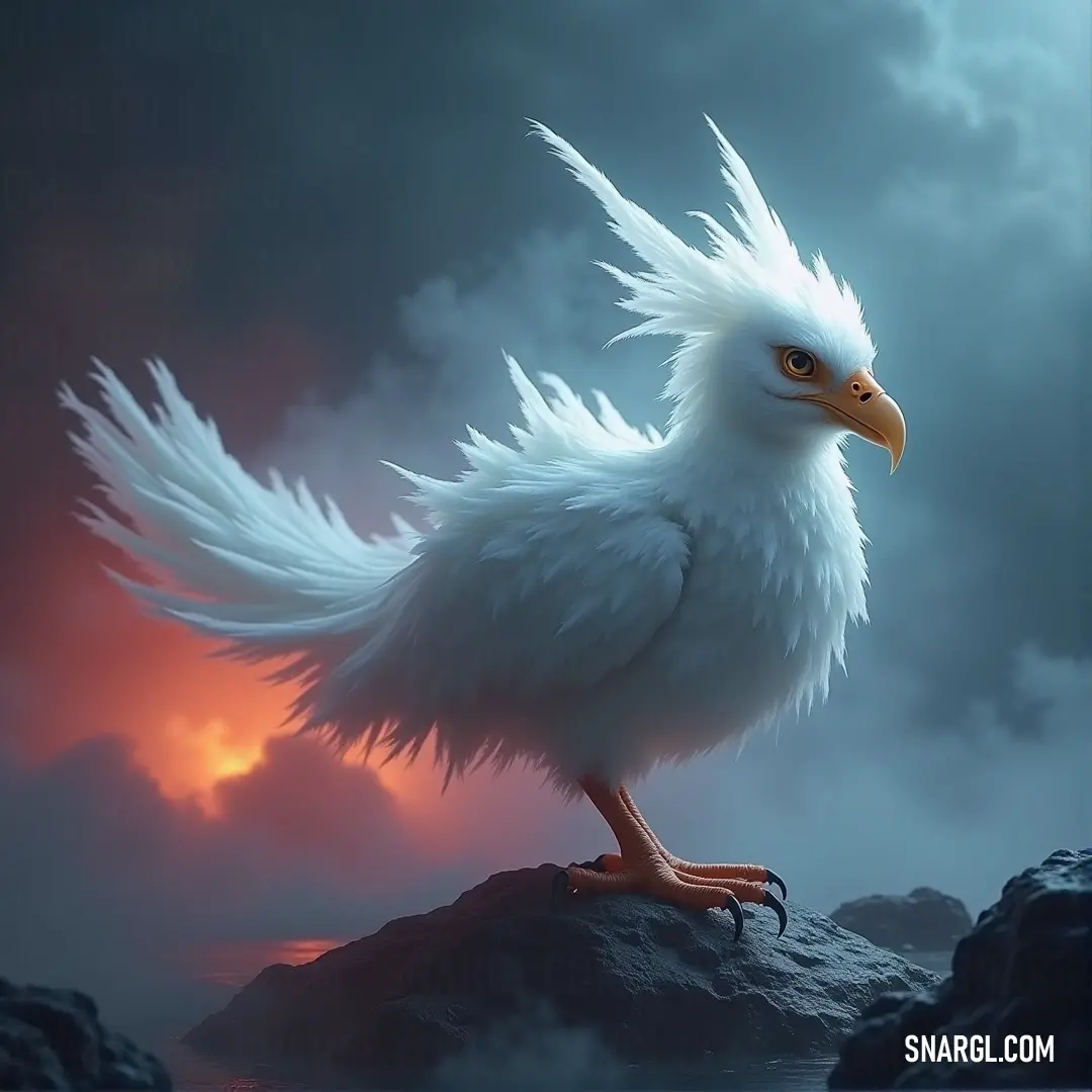 Snowplume, with long white feathers, stands elegantly on a rock in the middle of a vast body of water, under a dramatic dark sky that creates a contrast between light and shadow.