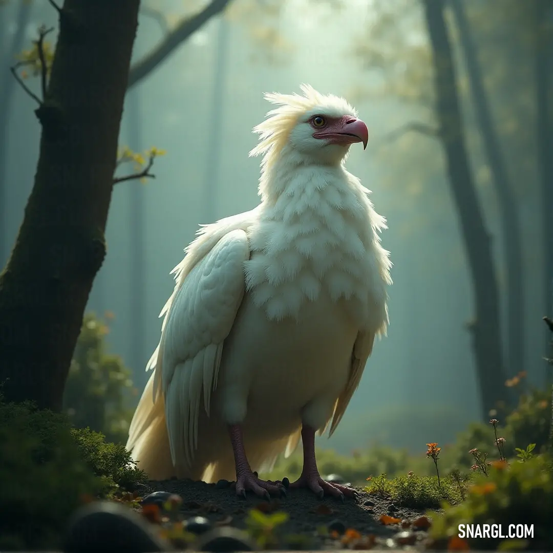 A serene Snowwing bird with a pink beak standing in a foggy forest, where the ground is covered with fallen leaves, and the trees stretch high above, creating a tranquil and mysterious atmosphere. A majestic white Snowwing with a soft pink beak perches gracefully amidst a misty forest, surrounded by towering trees with autumn leaves scattered across the ground, and a veil of fog adds an air of mystery to the serene scene.