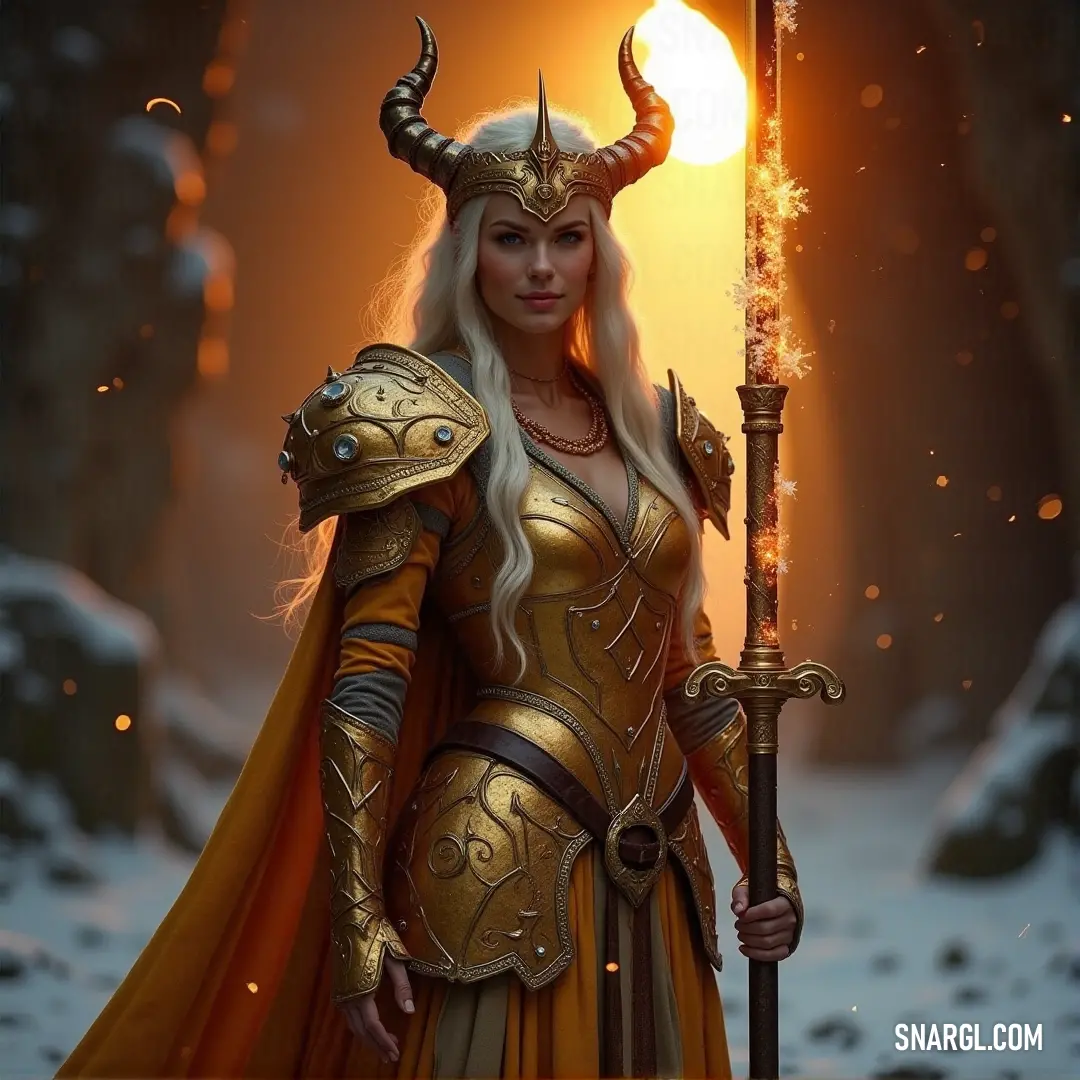 Sól dressed in golden armor, holding a sword and a glowing staff with the sun shining behind her in a snowy landscape. Sól, bathed in golden light, stands tall in the snow, her golden attire gleaming against the harsh winter landscape. She wields both a sword and a glowing staff, a beacon of hope with the sun shining brilliantly behind her.