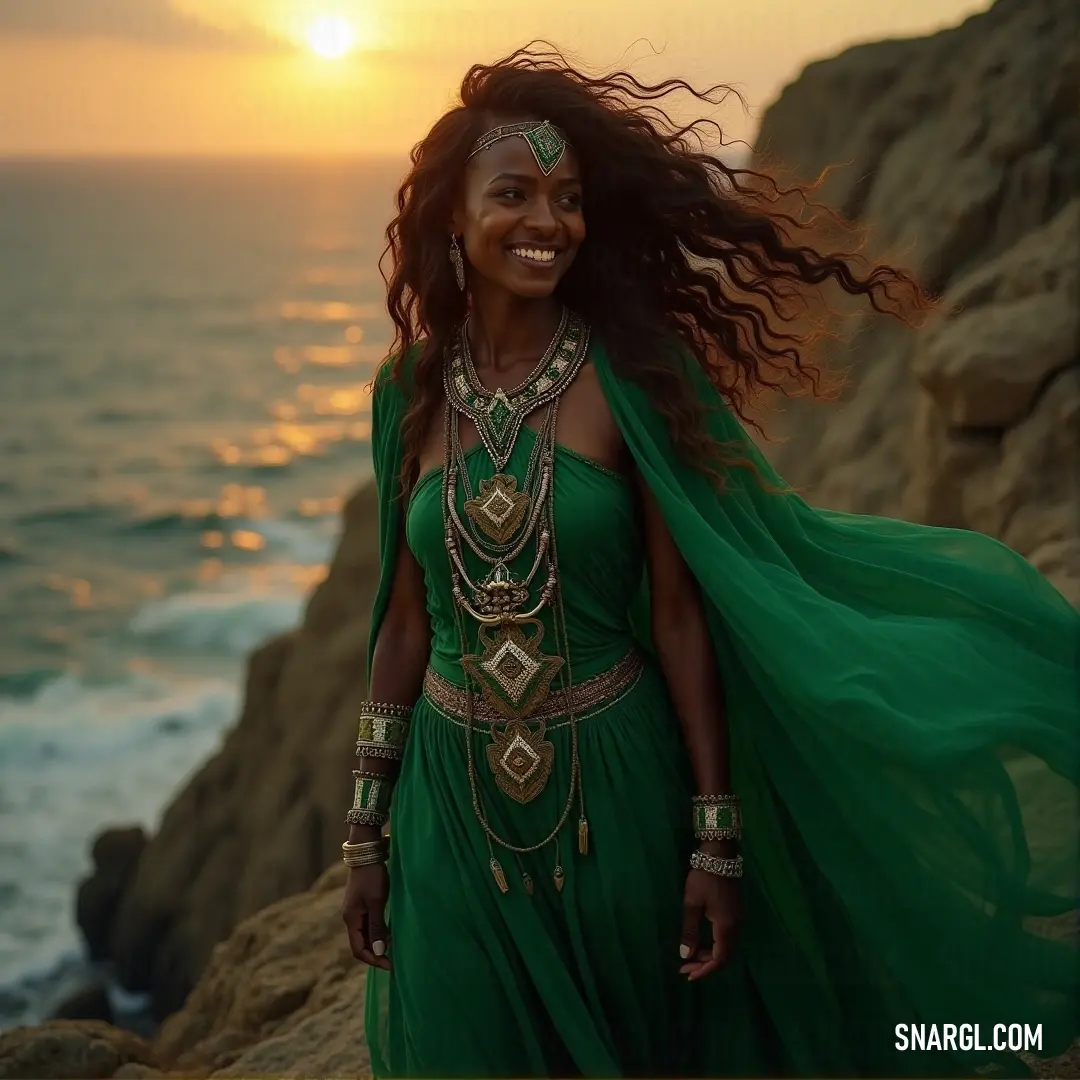 A woman in a green dress stands on a cliff, facing the ocean at sunset, her hair swept by the wind, embodying the beauty and freedom of nature in a breathtaking moment. A woman in a flowing green dress stands at the edge of a cliff, gazing out over the vast ocean as the warm glow of a sunset paints the sky, her hair blowing wildly in the wind, capturing the spirit of freedom and adventure.