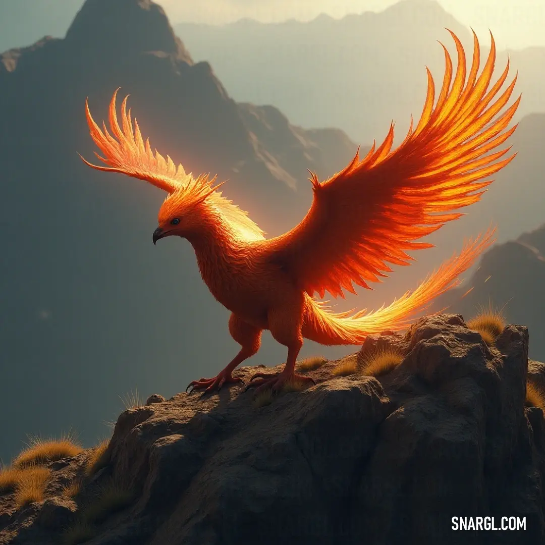 A vibrant avian character with striking orange wings perches confidently atop a rugged rock, its silhouette framed against majestic mountains that rise dramatically in the background, evoking a sense of adventure and freedom.