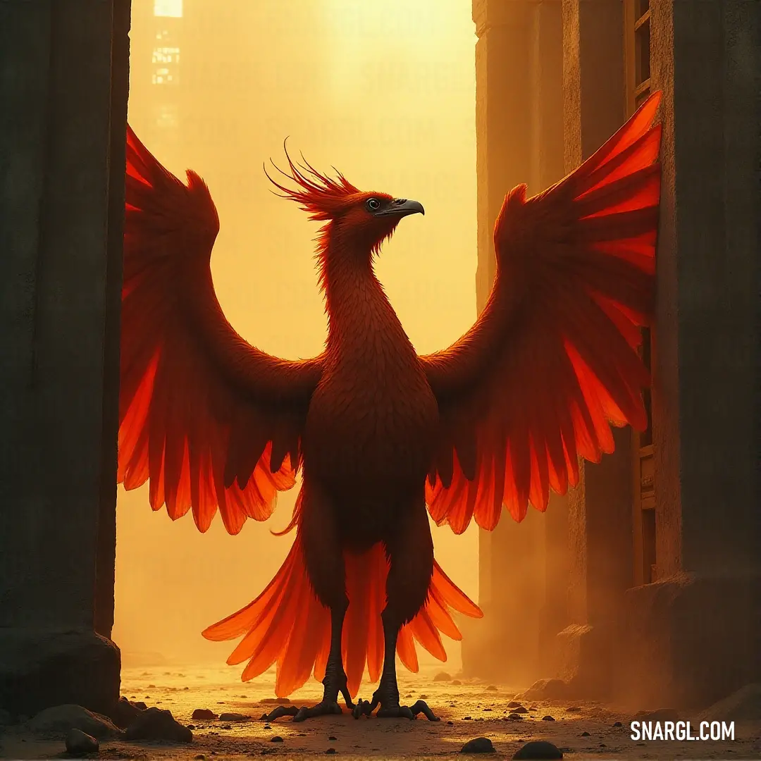 Solaire, with its brilliant red feathers, stands in a doorway with wings unfurled, capturing the moment before it takes flight, as the light behind it casts a soft glow in the room. A striking figure with vibrant red feathers stands poised in a doorway, its wings spread wide in a powerful display, ready to take flight, with the room beyond dimly lit, creating a sense of anticipation.