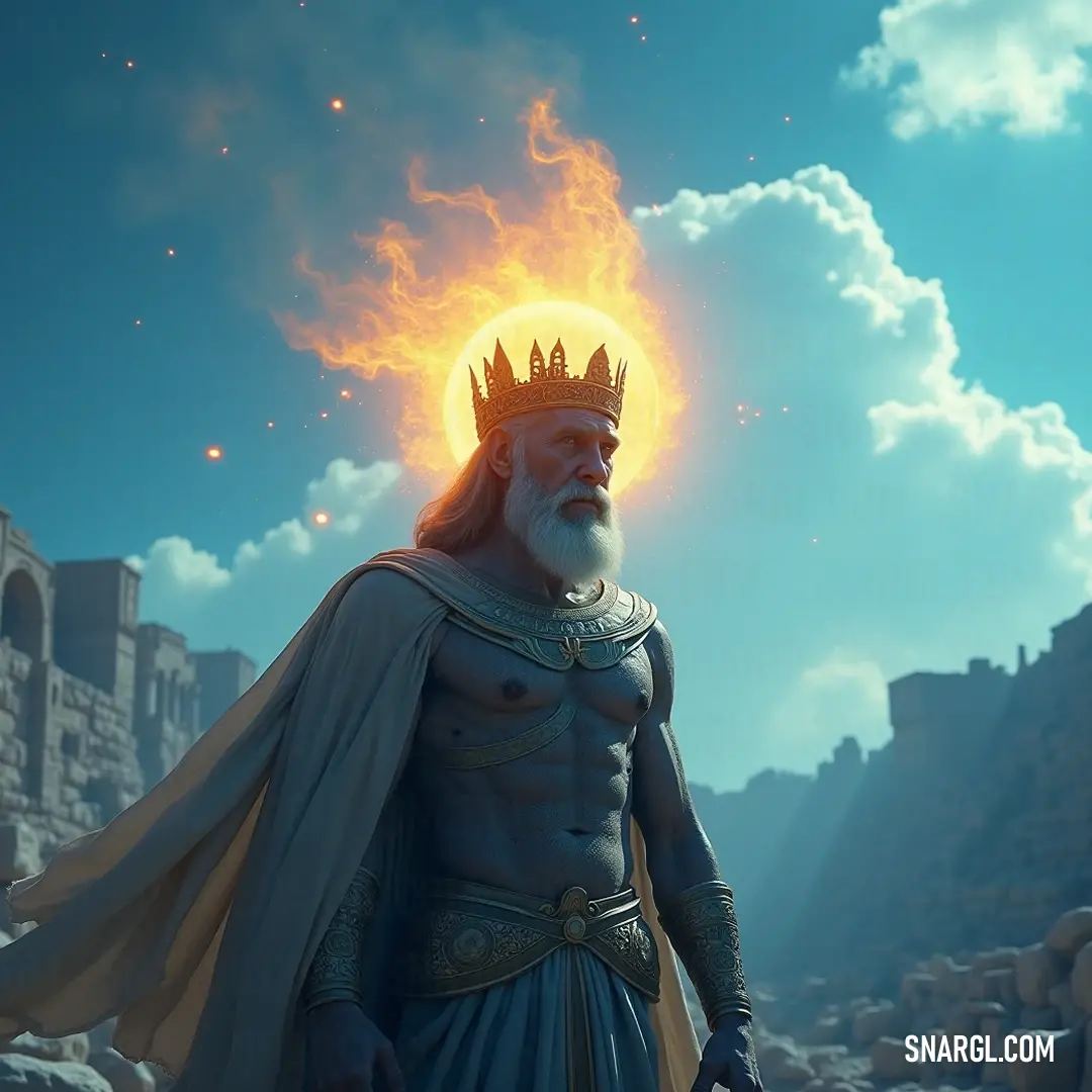 A regal solar magus, crowned and cloaked, stands boldly before a massive fireball, embodying a figure of power and majesty in a realm reminiscent of mythical sagas and epic battles.
