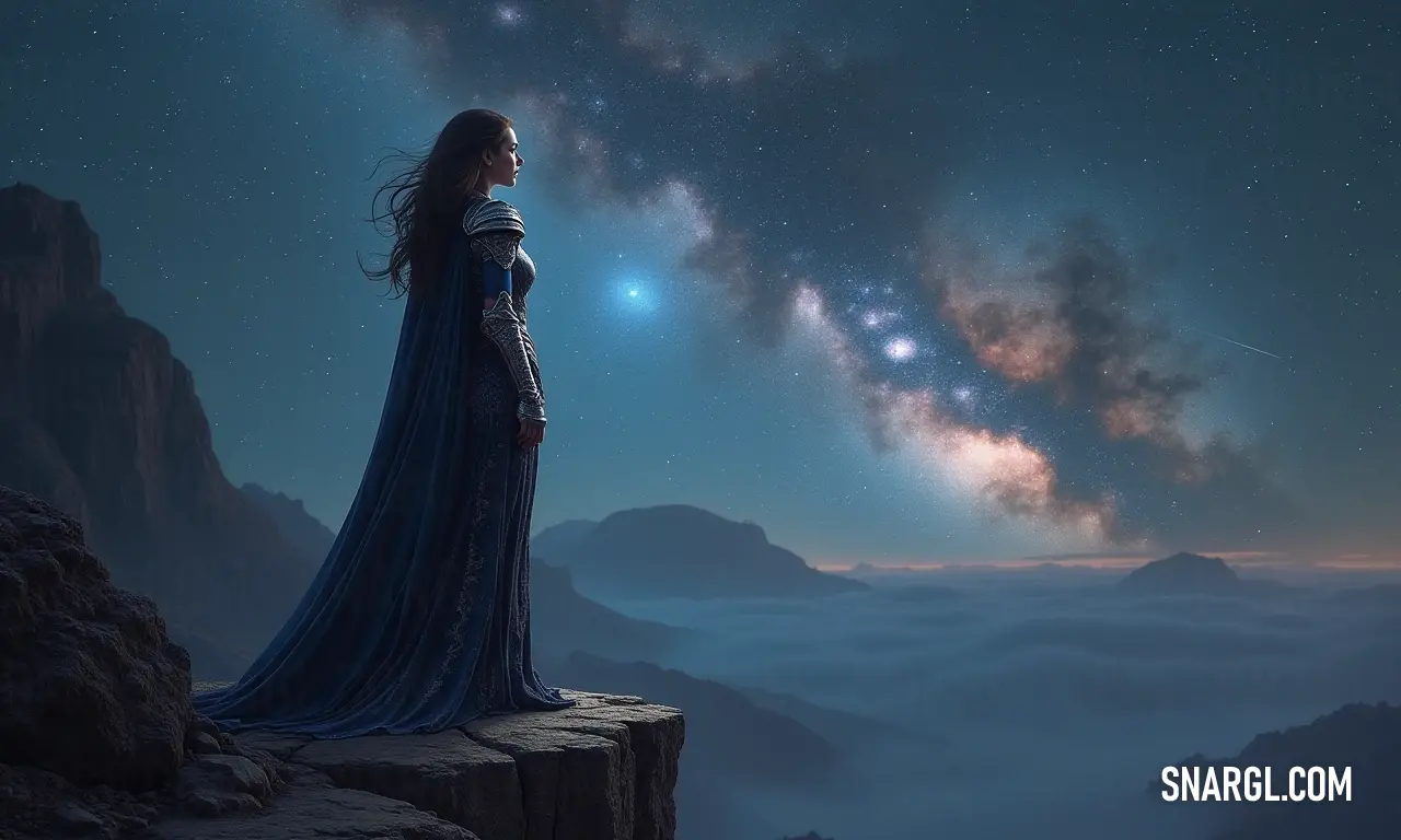 A tranquil vision of a woman in blue, contemplating the vastness of the starry night while standing majestically on a cliff. A serene woman dressed in a flowing blue gown stands on the edge of a rugged cliff, her gaze fixed upon the dazzling night sky filled with shimmering stars that twinkle like diamonds against the deep black canvas of the universe.