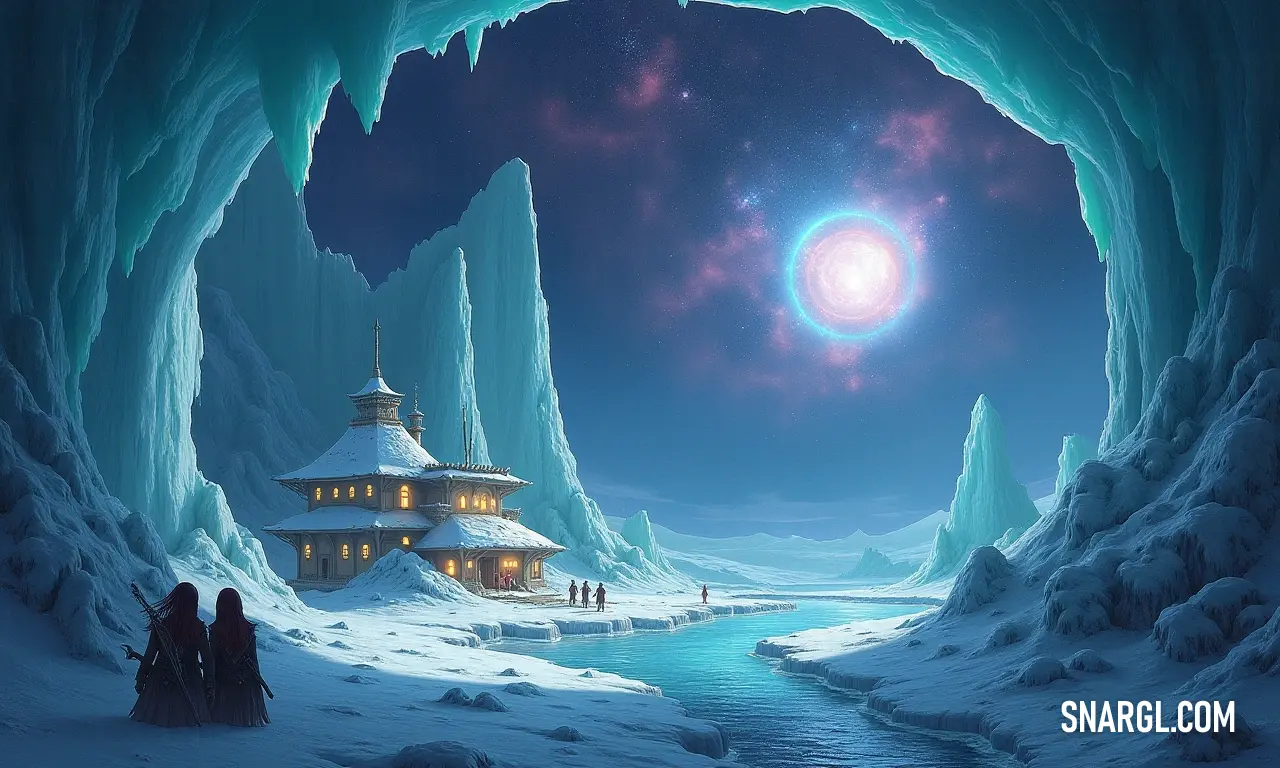 A captivating artistic rendition of a frozen lake, where a quaint house sits peacefully amidst the tranquil winter scenery. An enchanting painting captures a frozen lake adorned with delicate frost, cradling a charming house at its center, surrounded by serene natural beauty of untouched winter landscapes.