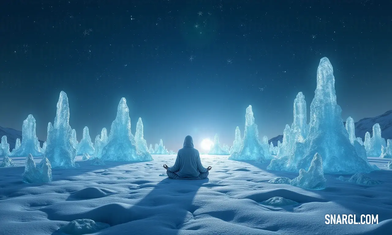 A contemplative person navigates a stunning snowy landscape filled with striking ice formations and a captivating starry night, illuminated by an ethereal glow. A solitary figure stands in the midst of a breathtakingly snowy landscape, surrounded by ice formations that sparkle under a sky full of stars, with a mysterious, bright light illuminating the serene scene.