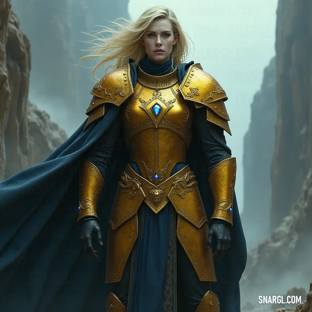 In a striking rocky landscape, a figure garnished in gold and blue emanates a sense of grace and poise, harmoniously blending with the breathtaking backdrop of lofty mountains. Dressed in an eye-catching gold and blue outfit, a figure stands confidently in a rocky terrain, with majestic mountains rising in the background, embodying strength and elegance.