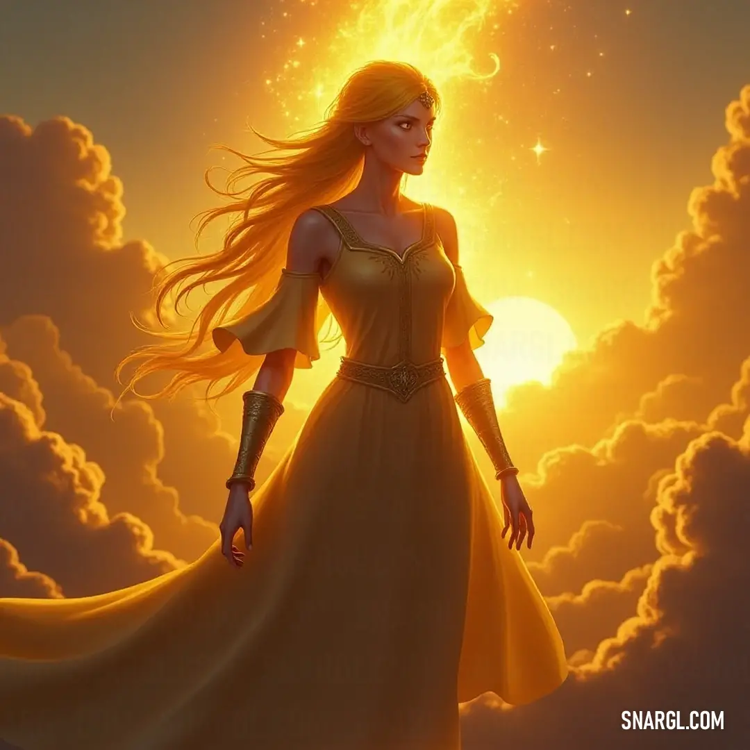 In a dreamlike scene, a figure in a resplendent yellow dress stands atop the clouds, bathed in the warm glow of a radiant sun behind her. A twinkling star hovers above, harmonizing with the soft billow of the clouds, evoking a sense of serenity and hope.
