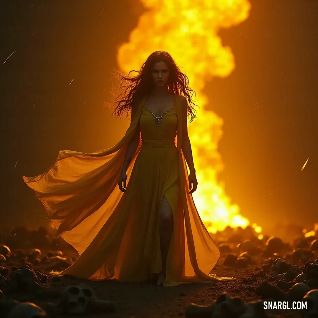 Before a blaze flickering with energy, a enchanting figure in a radiant yellow dress stands, with an ominous skull nearby, painting a portrait rich in emotion and narrative depth. A figure clad in a flowing yellow dress stands mesmerizingly in front of a crackling fire, where an ominous skull lies in the foreground, enhancing the intensity of this evocative setting.